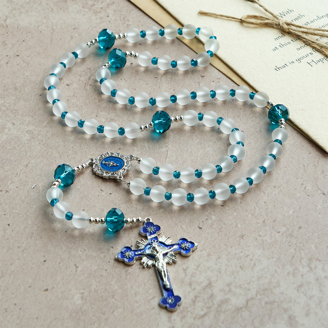 Christianartworkshop Ocean-Blue Style Frosted White Glass Rosary with Crucifix and Miraculous Medal - Our Lady & Crucifix - image 0