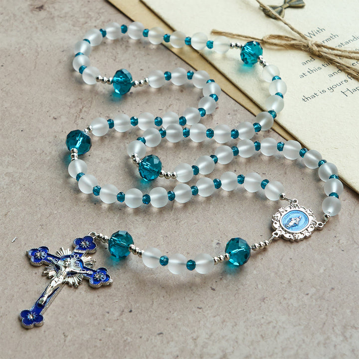 Christianartworkshop Ocean-Blue Style Frosted White Glass Rosary with Crucifix and Miraculous Medal - image 3