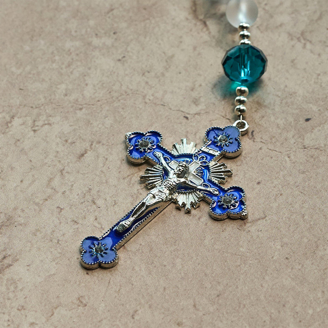 Christianartworkshop Ocean-Blue Style Frosted White Glass Rosary with Crucifix and Miraculous Medal - image 7