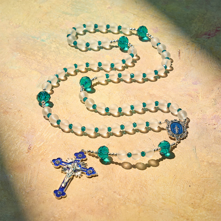 Christianartworkshop Ocean-Blue Style Frosted White Glass Rosary with Crucifix and Miraculous Medal - image 6