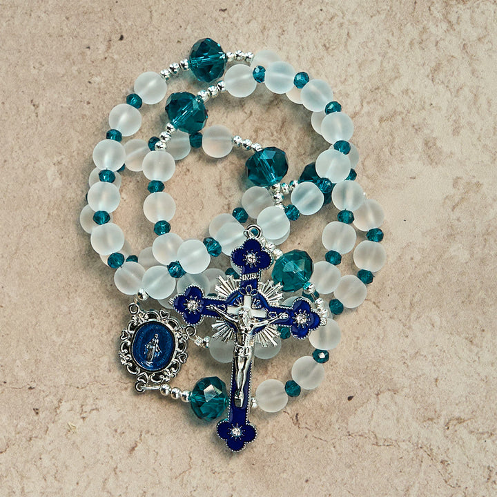 Christianartworkshop Ocean-Blue Style Frosted White Glass Rosary with Crucifix and Miraculous Medal - image 2