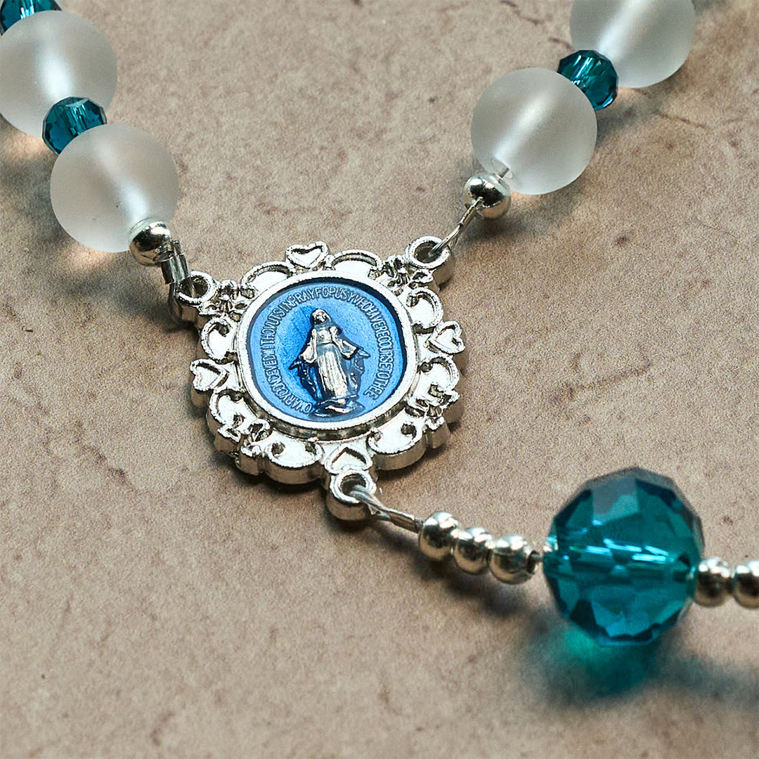 Christianartworkshop Ocean-Blue Style Frosted White Glass Rosary with Crucifix and Miraculous Medal - image 8