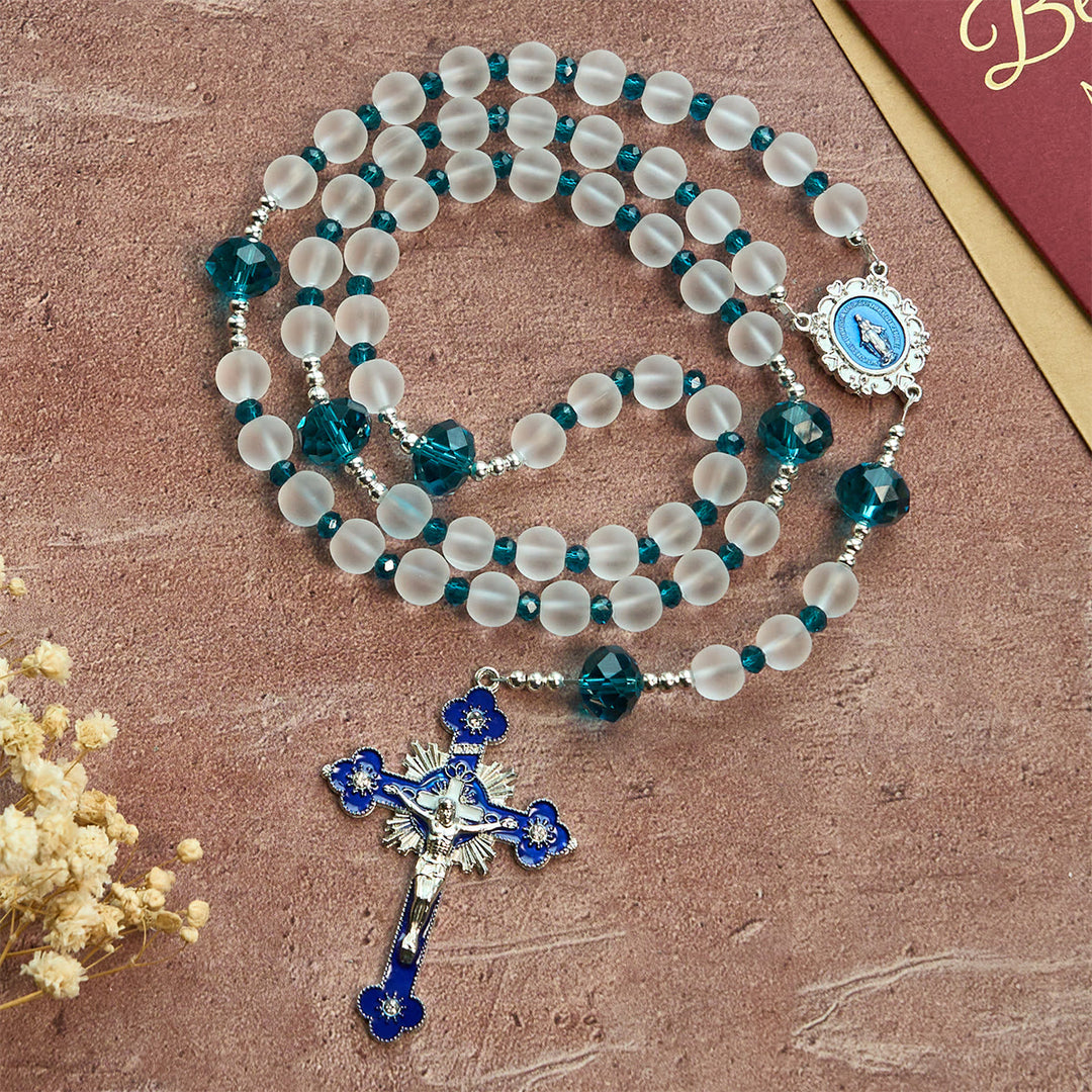 Christianartworkshop Ocean-Blue Style Frosted White Glass Rosary with Crucifix and Miraculous Medal - image 5
