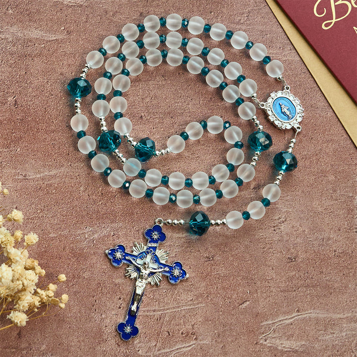 Christianartworkshop Ocean-Blue Style Frosted White Glass Rosary with Crucifix and Miraculous Medal - image 5