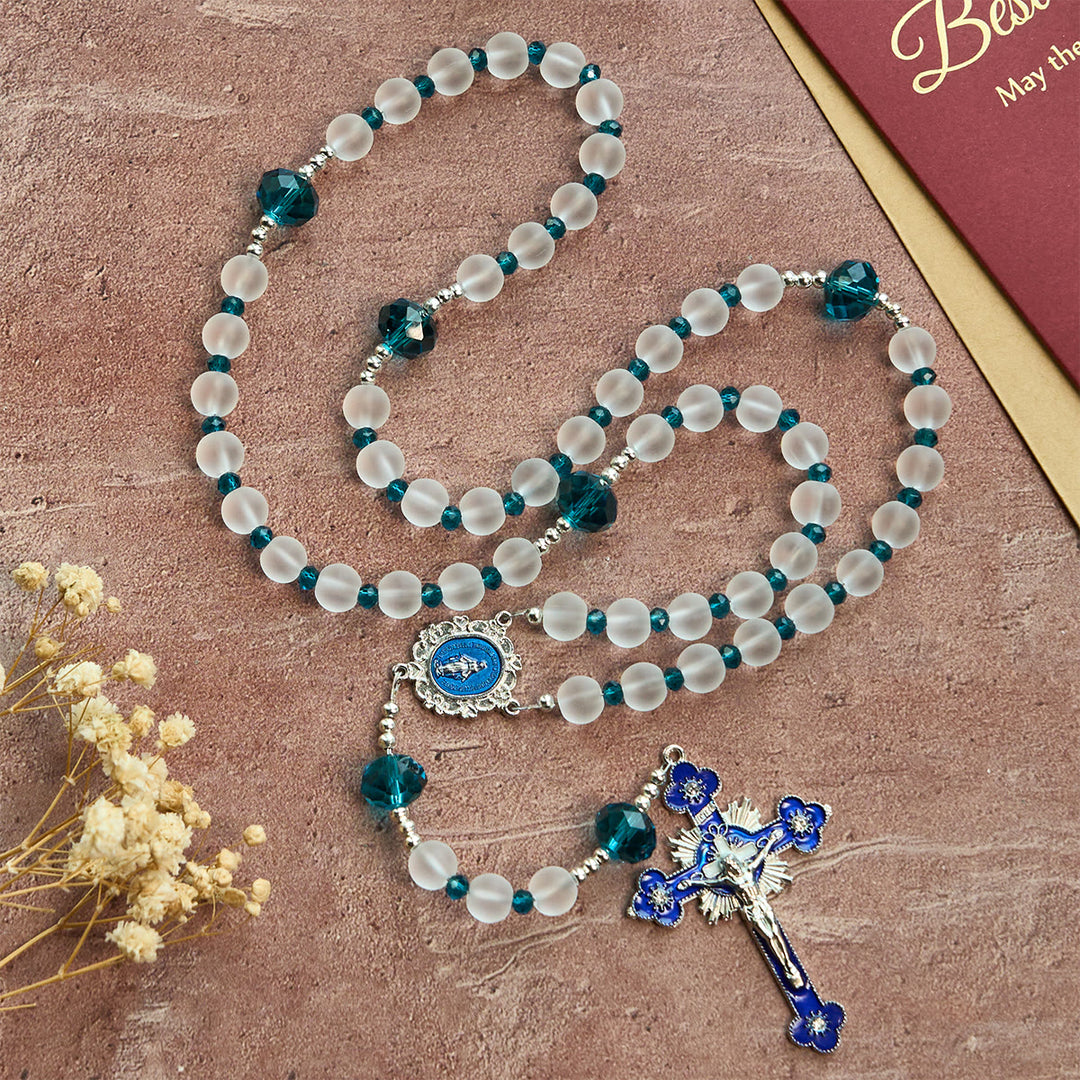 Christianartworkshop Ocean-Blue Style Frosted White Glass Rosary with Crucifix and Miraculous Medal - image 4