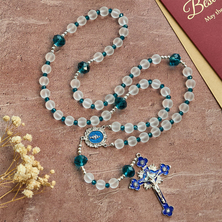 Christianartworkshop Ocean-Blue Style Frosted White Glass Rosary with Crucifix and Miraculous Medal - image 4