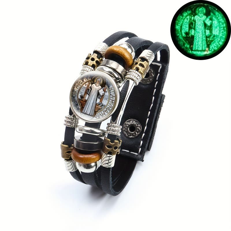Christianartworkshop St. Benedict Collection Black Leather Cuff Bracelet with Multiple Faith Designs - image 2