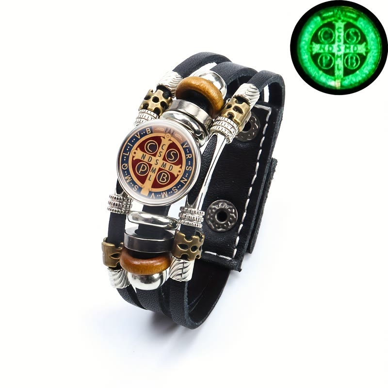 Christianartworkshop St. Benedict Collection Black Leather Cuff Bracelet with Multiple Faith Designs - St. Benedict -2 - image 2
