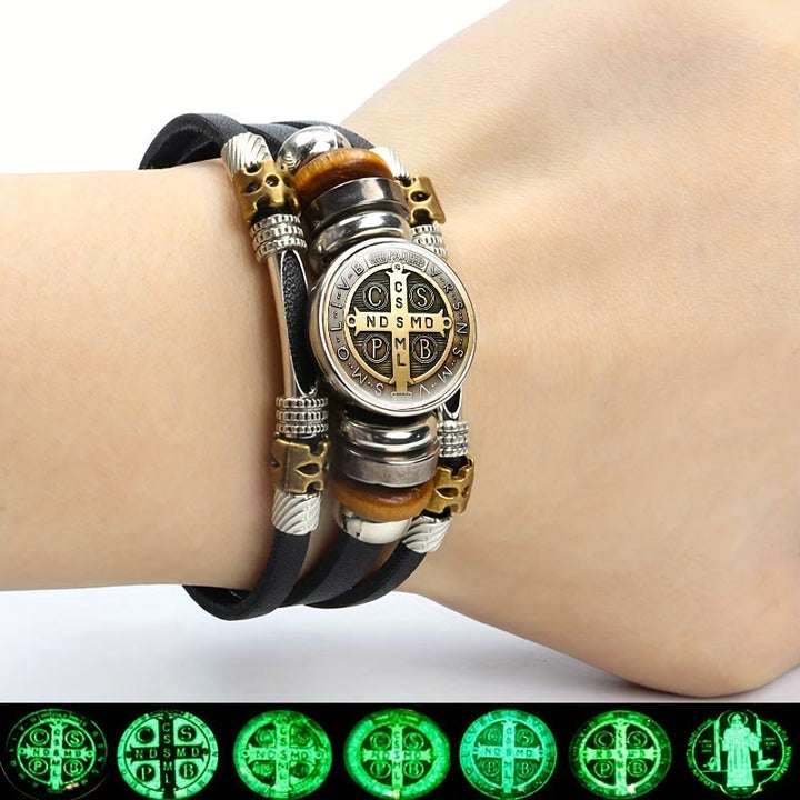 Christianartworkshop St. Benedict Collection Black Leather Cuff Bracelet with Multiple Faith Designs - image 3