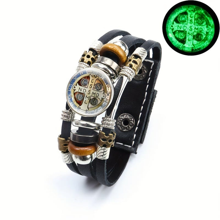 Christianartworkshop St. Benedict Collection Black Leather Cuff Bracelet with Multiple Faith Designs - St. Benedict -4 - image 5
