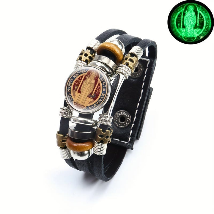 Christianartworkshop St. Benedict Collection Black Leather Cuff Bracelet with Multiple Faith Designs - St. Benedict -10 - image 11
