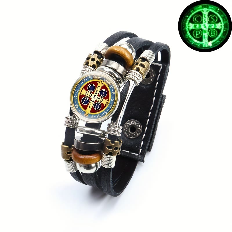 Christianartworkshop St. Benedict Collection Black Leather Cuff Bracelet with Multiple Faith Designs - St. Benedict -5 - image 6