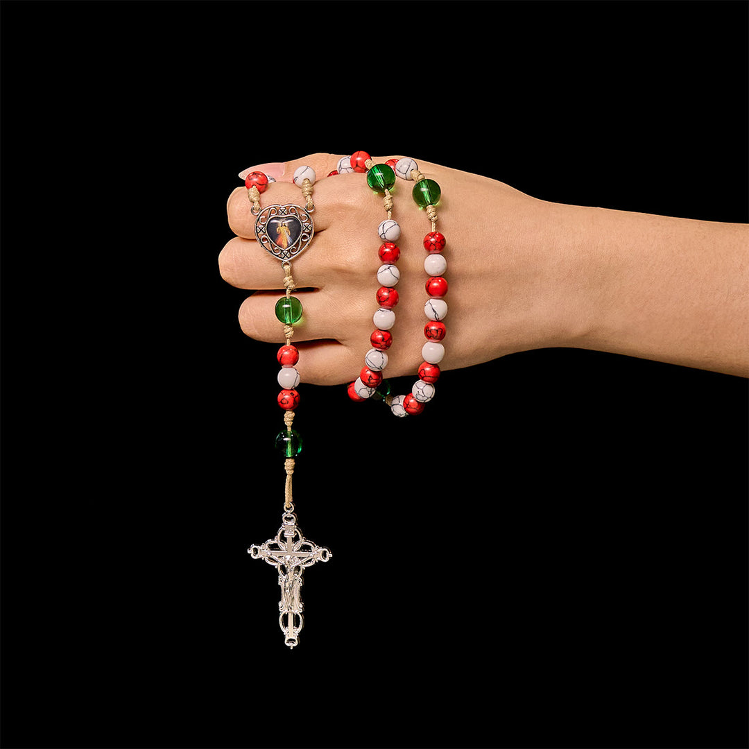 Candy-Cane Color Beads Christmas Rosary with Divine Mercy & Our Lady: Celebrate the Nativity - image 1