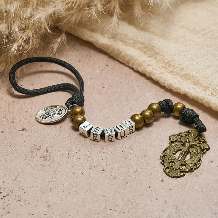 FREE Today: Minimal Black Rugged Pocket Rosary with St. Michael & Personalized JESUS Letter - JESUS (No Custom) - image 0