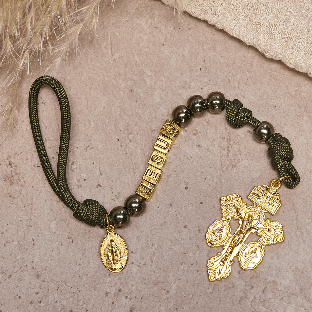 Hematite-Style Beads Compact Prayer Pocket Rosary with Crucifix & Personalized JESUS Letter - image 1