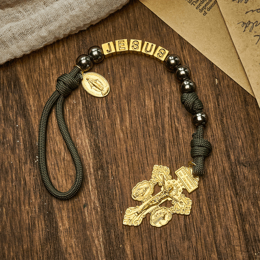 Hematite-Style Beads Compact Prayer Pocket Rosary with Crucifix & Personalized JESUS Letter - image 4