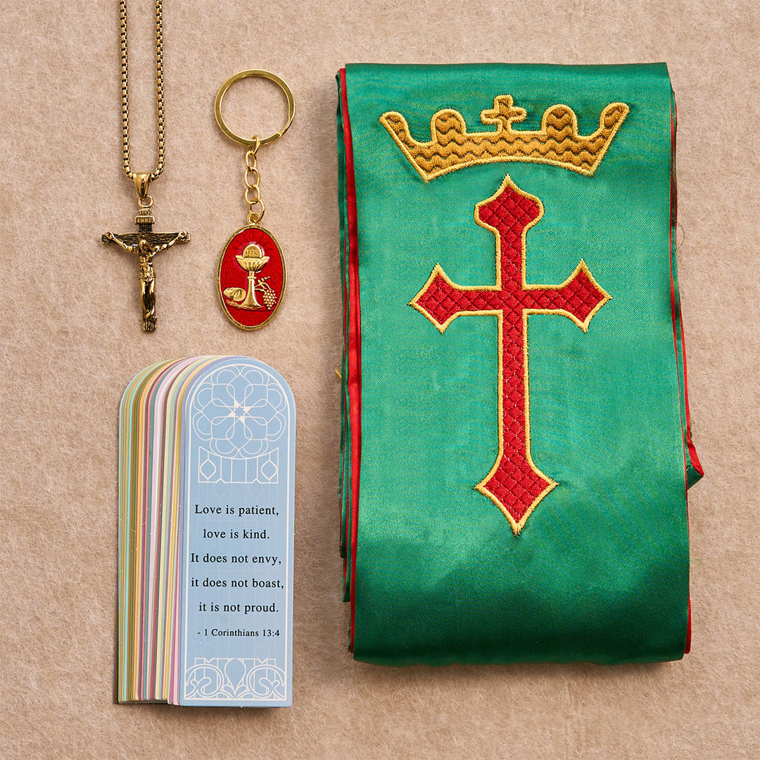 Christianartworkshop Crucifix Necklace, Chalice Keychain, Green Stole and Scripture Bookmarks - Retro-golden Necklace - image 0
