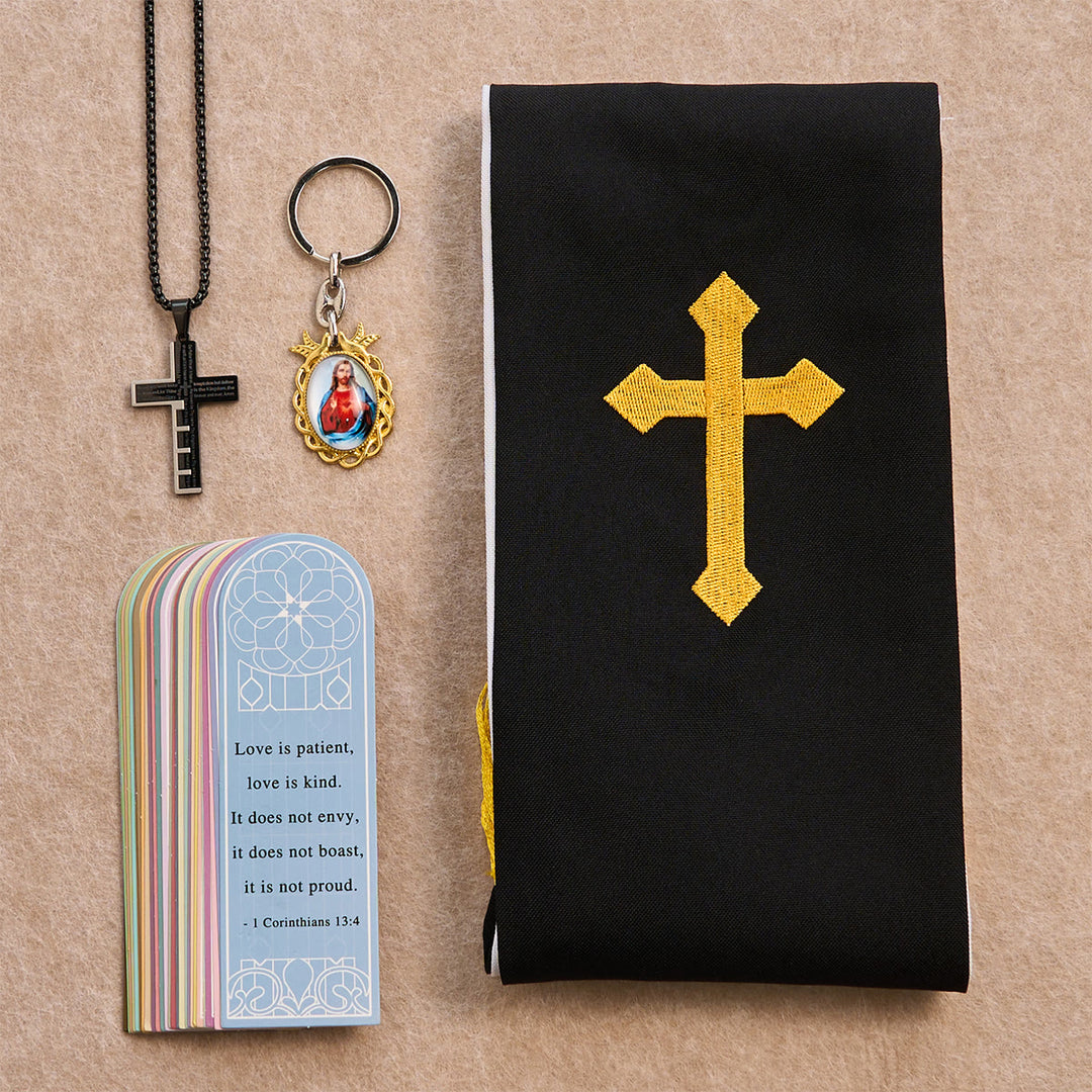Christianartworkshop Cross Necklace, Madonna Keychain, Black Stole and Scripture Bookmarks - Black  Necklace - image 0