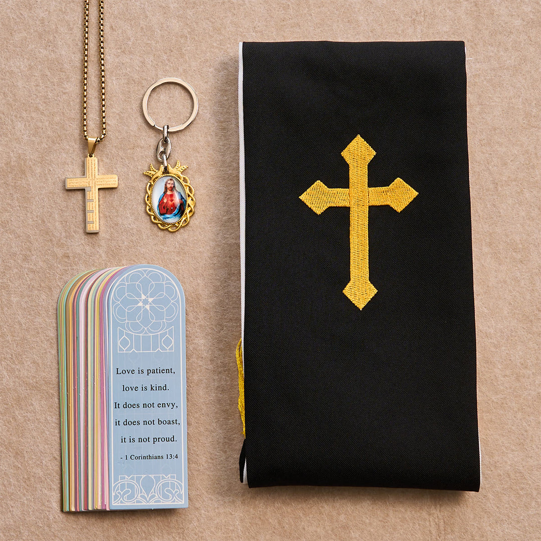 Christianartworkshop Cross Necklace, Madonna Keychain, Black Stole and Scripture Bookmarks - Golden Necklace - image 3