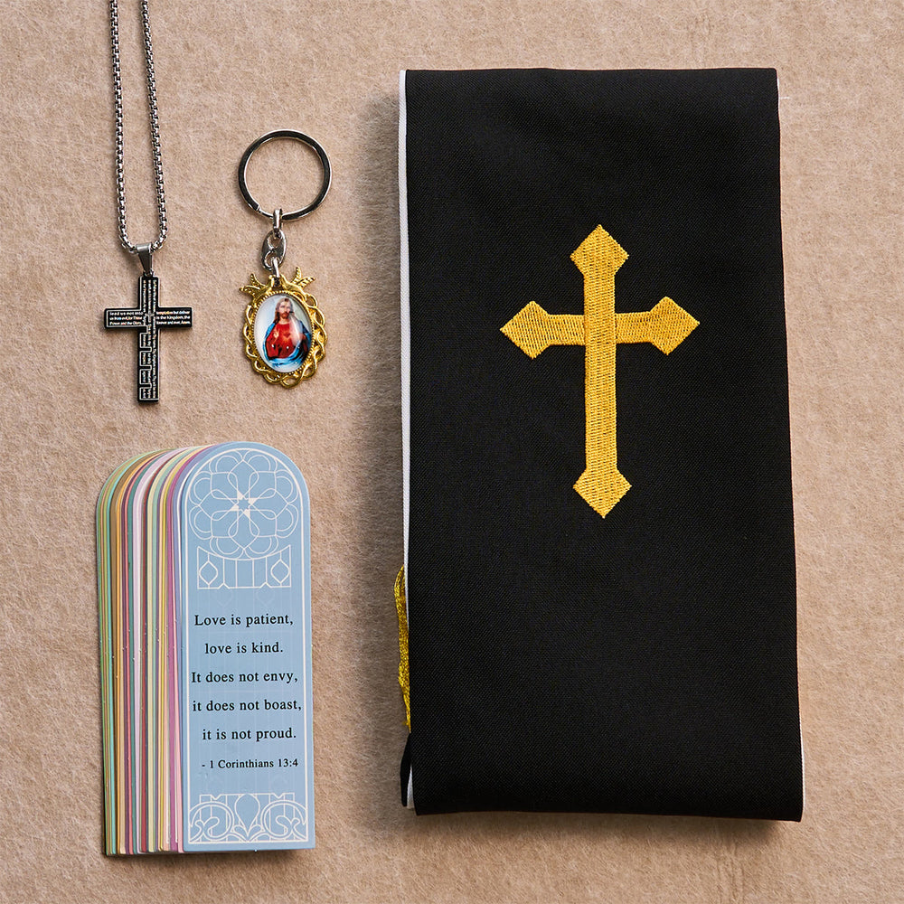 Christianartworkshop Cross Necklace, Madonna Keychain, Black Stole and Scripture Bookmarks - image 1