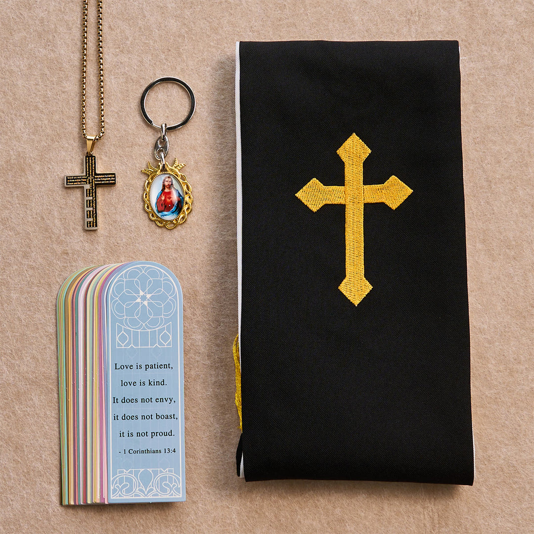 Christianartworkshop Cross Necklace, Madonna Keychain, Black Stole and Scripture Bookmarks - image 2
