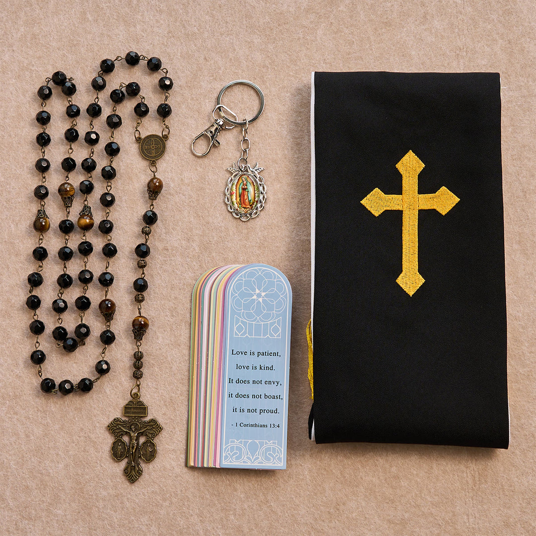 Christianartworkshop Blessing Set: Black Golden Cross Stole & Black Bead Rosary: Love Patiently - Black Beads Rosary - image 0