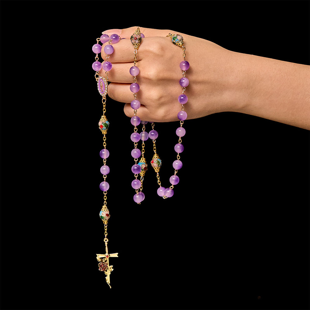 Vintage-Style Purple Crystal & Cloisonné Rosary with Floral Cross and Marian Center - image 1