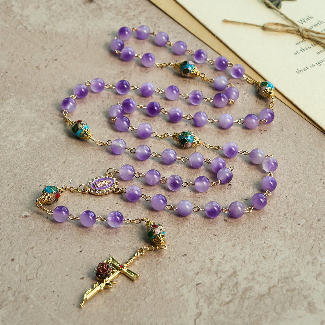 Vintage-Style Purple Crystal & Cloisonné Rosary with Floral Cross and Marian Center - image 6