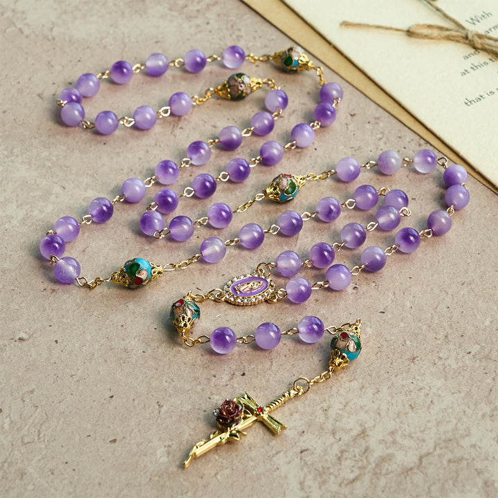 Vintage-Style Purple Crystal & Cloisonné Rosary with Floral Cross and Marian Center - image 7