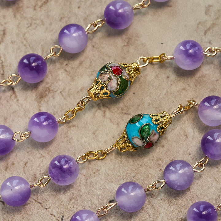 Vintage-Style Purple Crystal & Cloisonné Rosary with Floral Cross and Marian Center - image 9