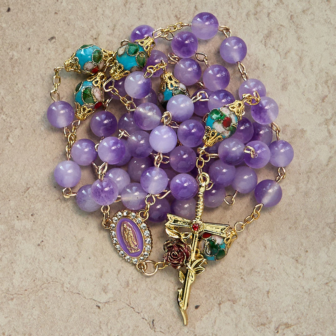 Christianartworkshop Vintage-Style Purple Crystal & Cloisonné Rosary with Floral Cross and Marian Center - image 1