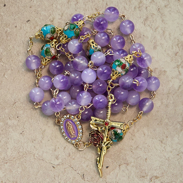 Vintage-Style Purple Crystal & Cloisonné Rosary with Floral Cross and Marian Center - image 3