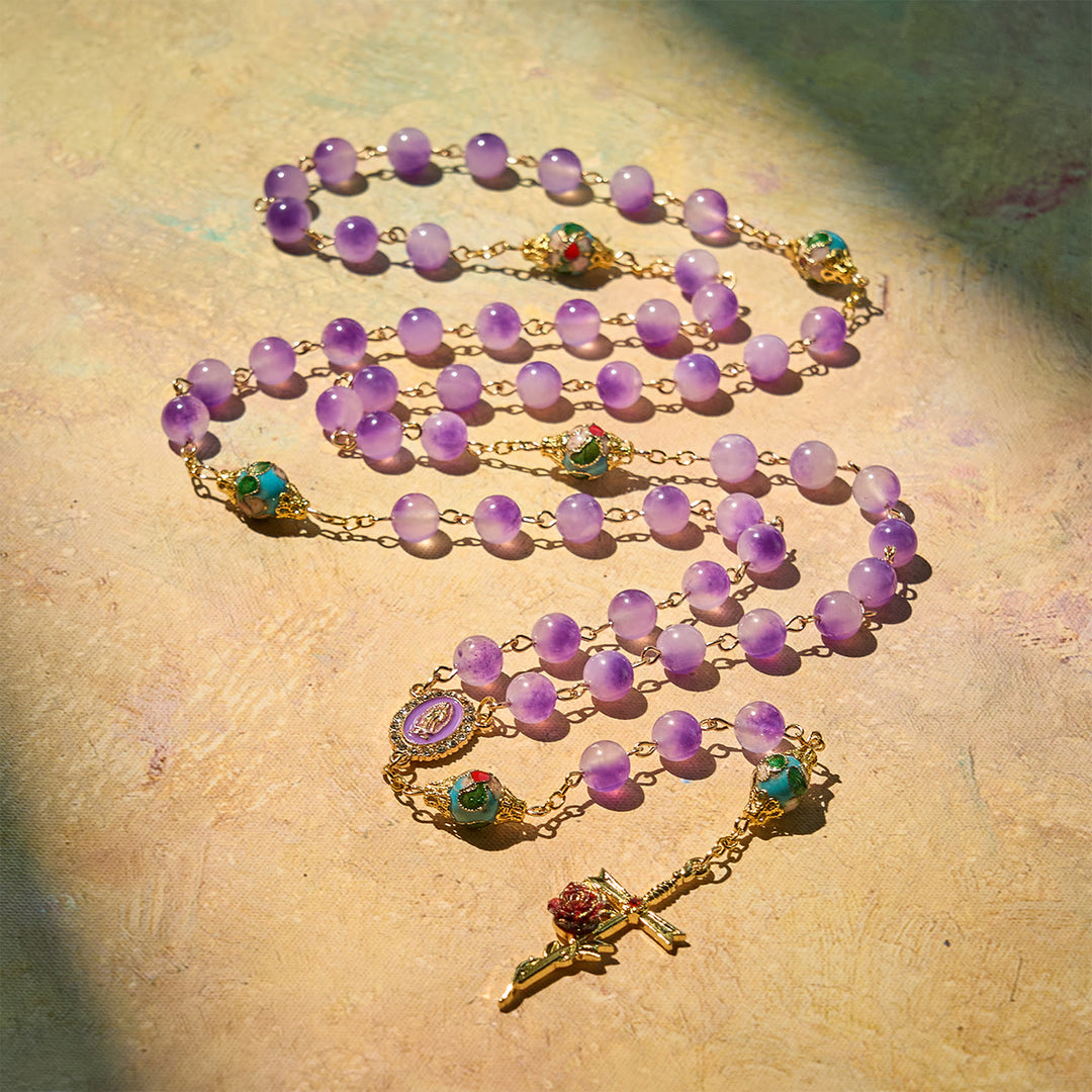 Christianartworkshop Vintage-Style Purple Crystal & Cloisonné Rosary with Floral Cross and Marian Center - image 4