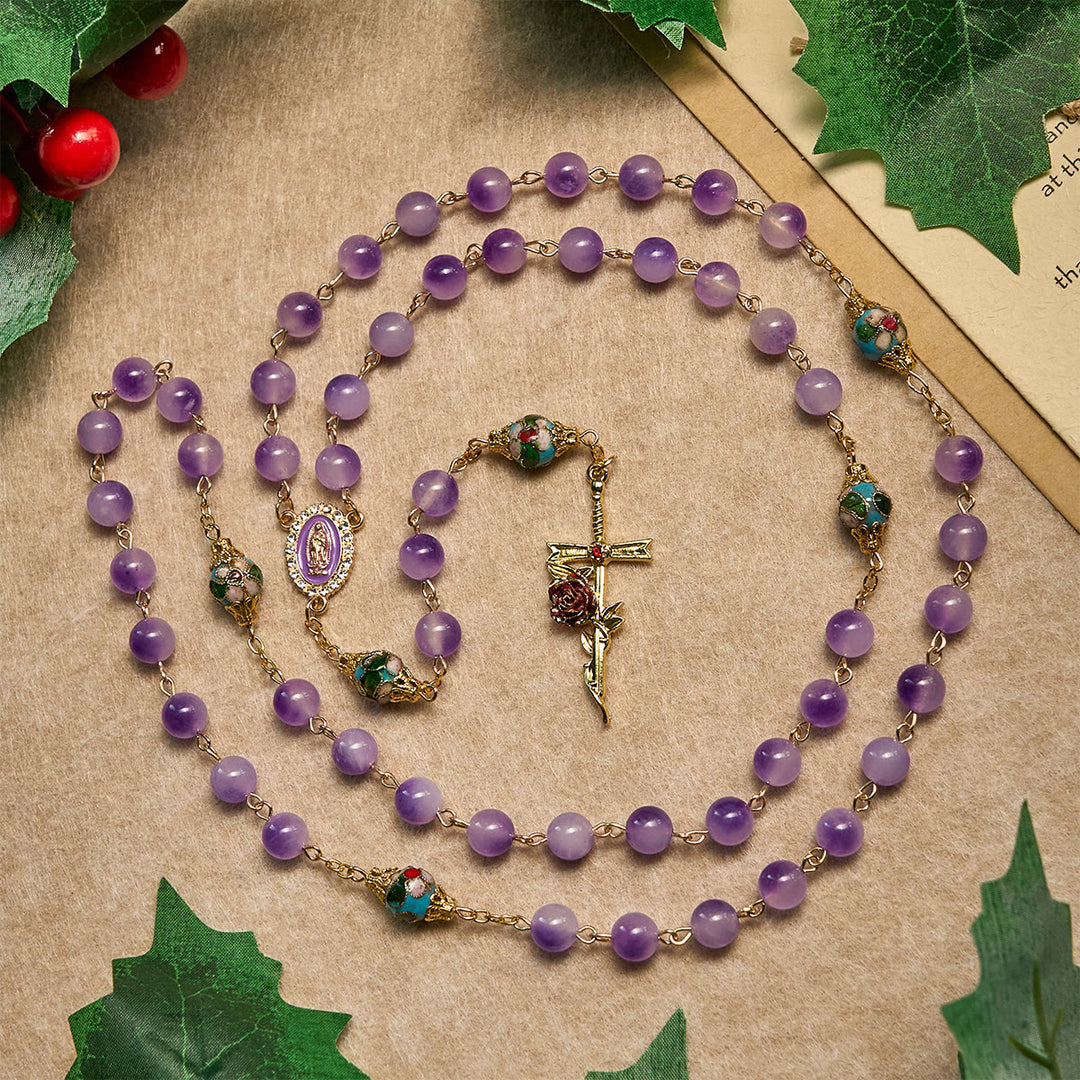 Christianartworkshop Thanksgiving Gift: Vintage-Style Purple Crystal & Cloisonné Rosary with Floral Cross and Marian Center - image 2