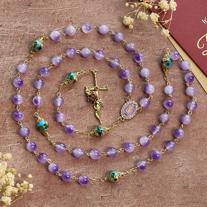 Christianartworkshop Thanksgiving Gift: Vintage-Style Purple Crystal & Cloisonné Rosary with Floral Cross and Marian Center - image 4