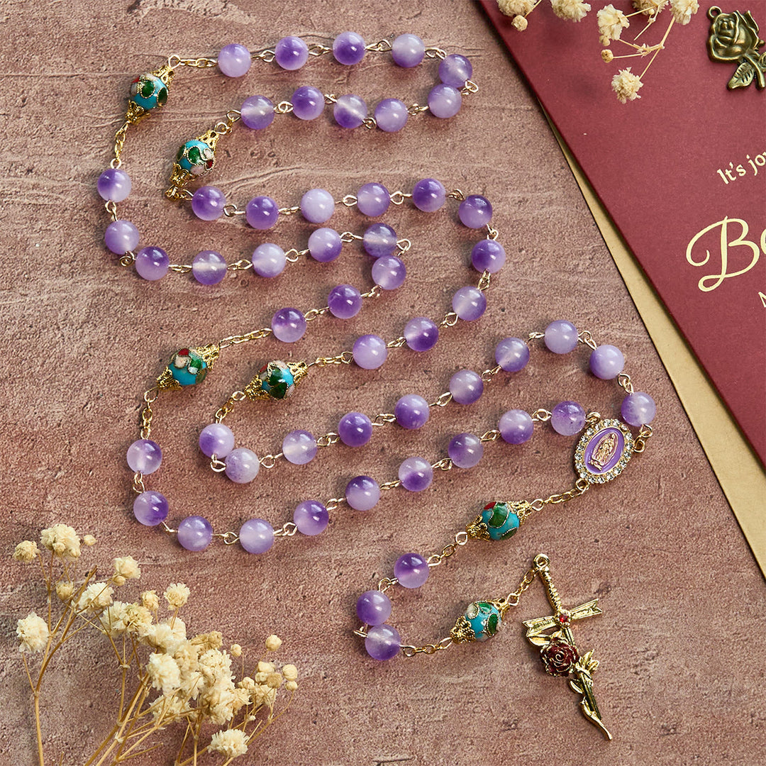 Christianartworkshop Thanksgiving Gift: Vintage-Style Purple Crystal & Cloisonné Rosary with Floral Cross and Marian Center - image 5