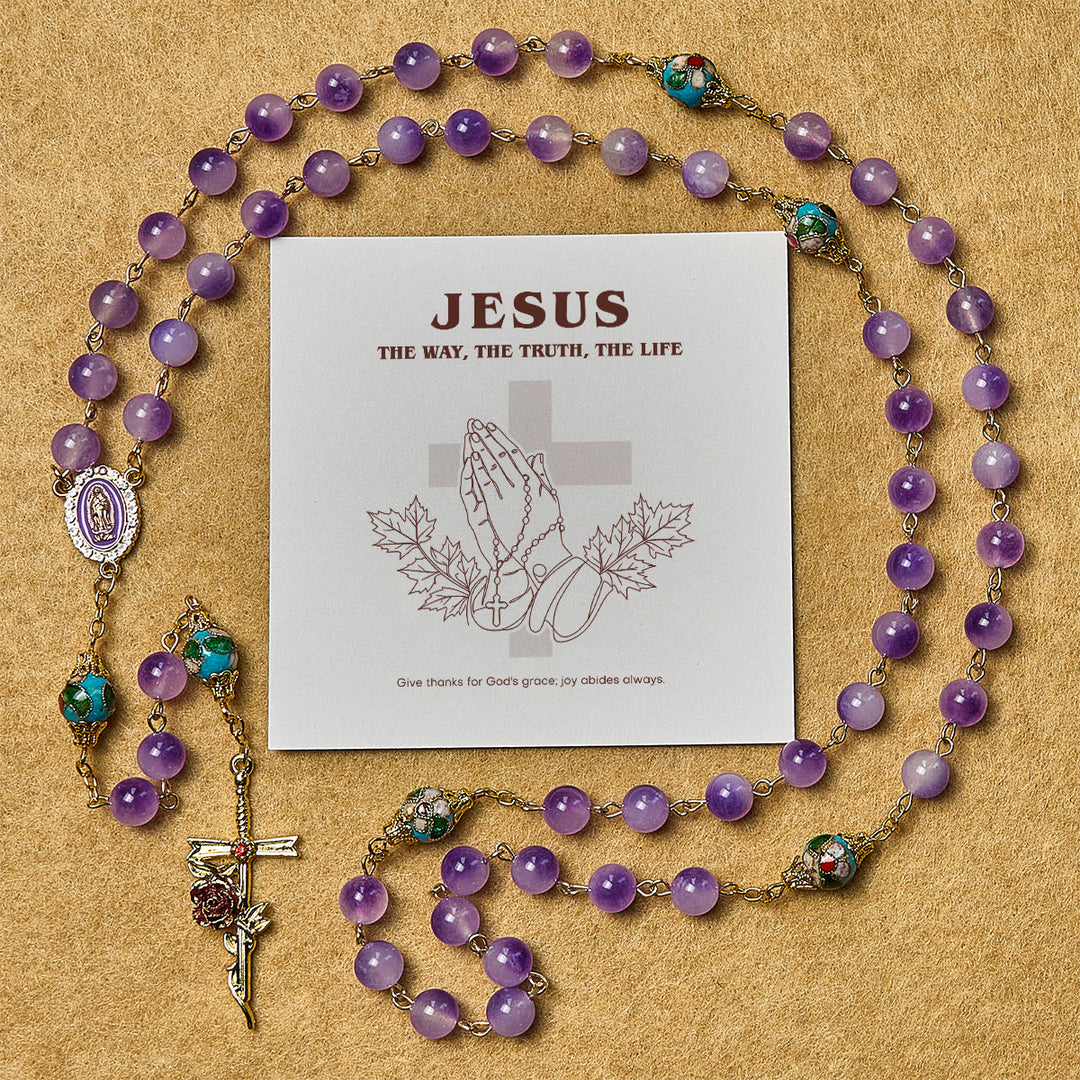 Vintage-Style Purple Crystal & Cloisonné Rosary with Floral Cross and Marian Center - Rosary with Gift Card - image 0