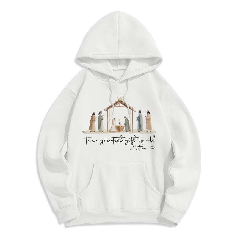 Christianartworkshop Cozy Nativity Scene Greatest Gift Scripture Fleece Lined Polyester Hoodie - White - 2XL - image 2