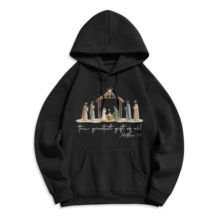 Christianartworkshop Cozy Nativity Scene Greatest Gift Scripture Fleece Lined Polyester Hoodie - Black - 2XL - image 5