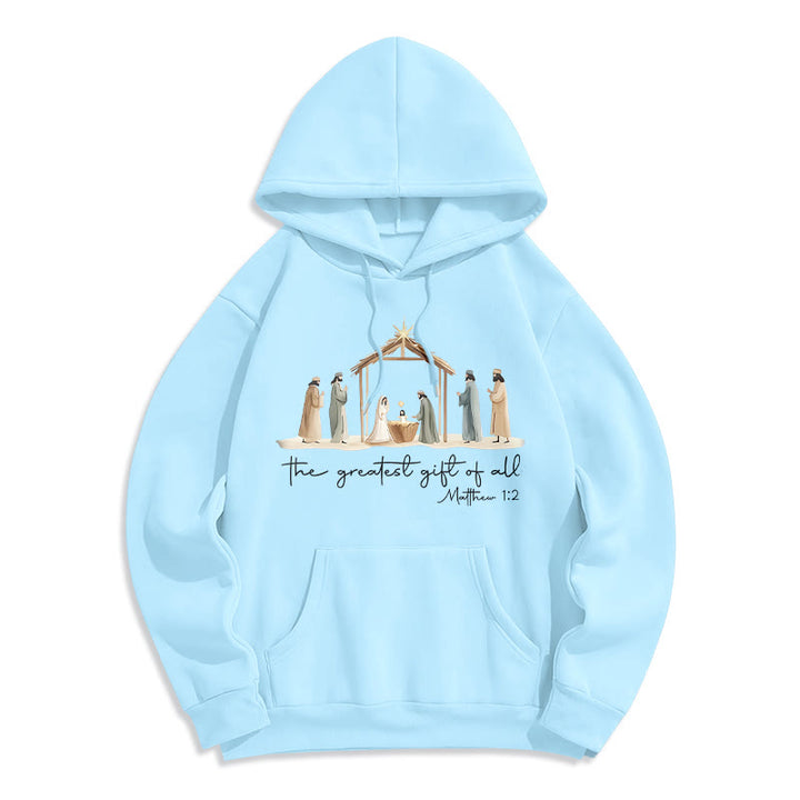 Christianartworkshop Cozy Nativity Scene Greatest Gift Scripture Fleece Lined Polyester Hoodie - Blue - 2XL - image 6