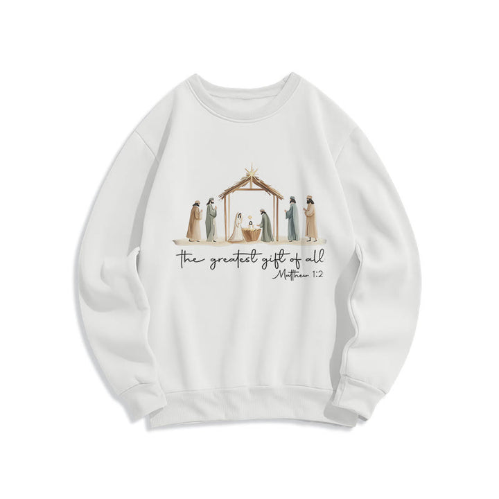 Christianartworkshop Cozy Nativity Scene Greatest Gift Scripture Fleece Lined Polyester Sweatshirt - White - 2XL - image 1
