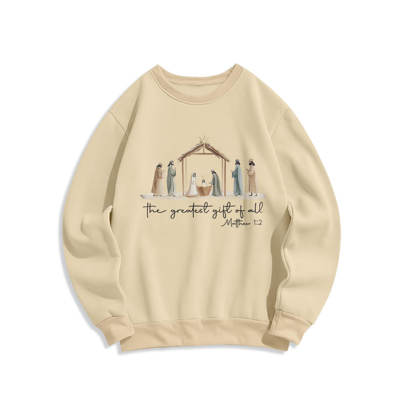 Christianartworkshop Cozy Nativity Scene Greatest Gift Scripture Fleece Lined Polyester Sweatshirt - Beige - 2XL - image 2