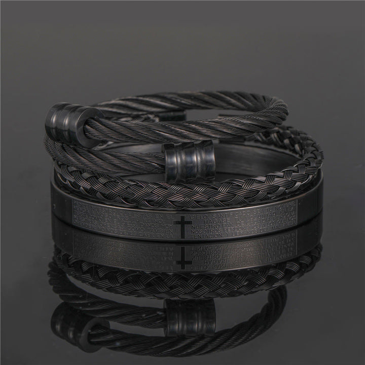 Christianartworkshop Layered Minimalist Style Spiral-Braid Cross & Lord's Prayer Bracelet - Black - B - image 6