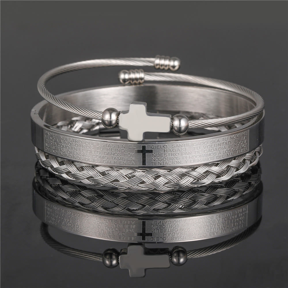 Christianartworkshop Layered Minimalist Style Spiral-Braid Cross & Lord's Prayer Bracelet - Silver - A - image 2