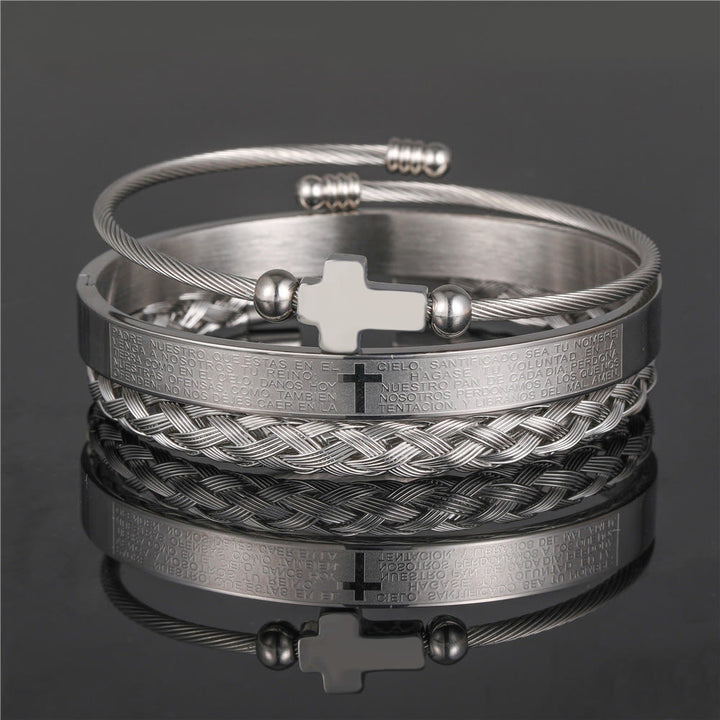 Christianartworkshop Layered Minimalist Style Spiral-Braid Cross & Lord's Prayer Bracelet - Silver - A - image 2
