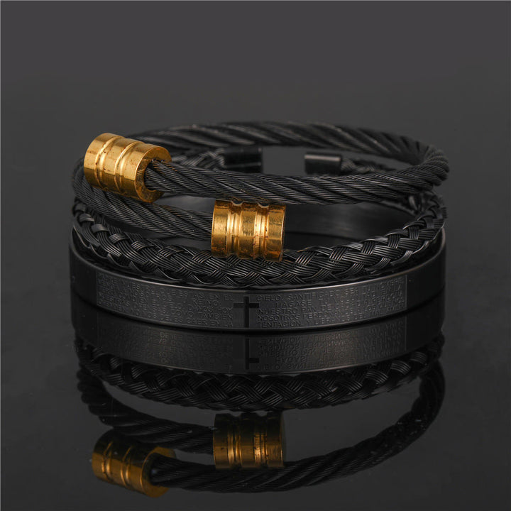 Christianartworkshop Layered Minimalist Style Spiral-Braid Cross & Lord's Prayer Bracelet - Golden - Black - image 7