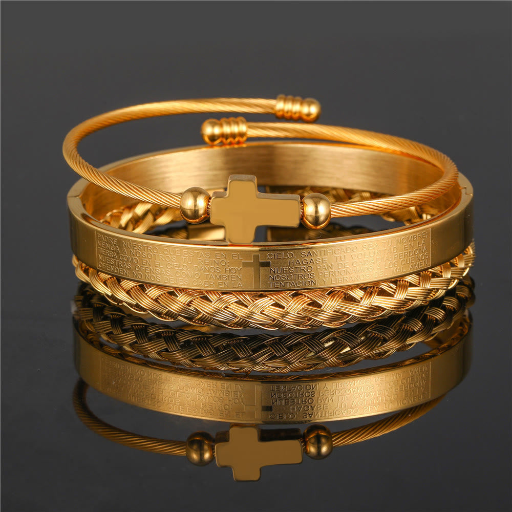 Christianartworkshop Layered Minimalist Style Spiral-Braid Cross & Lord's Prayer Bracelet - Golden - A - image 0