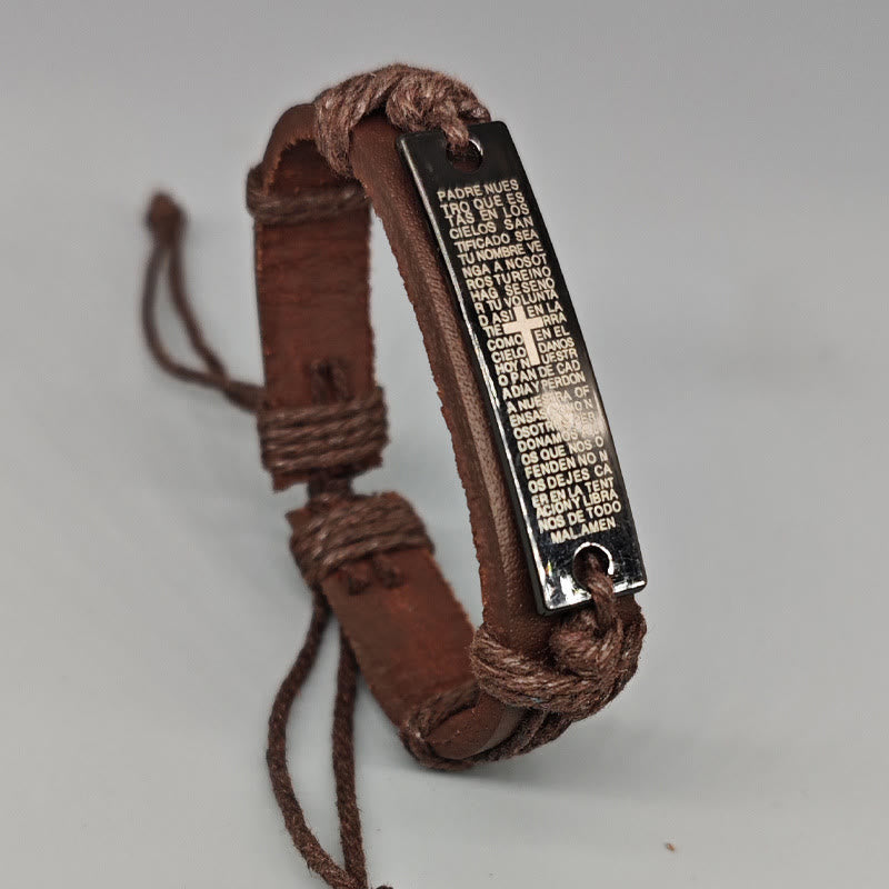 Christianartworkshop Rustic Leather-Style Cross & Lord's Prayer Adjustable Bracelet in 2 Colors - Brown - image 0