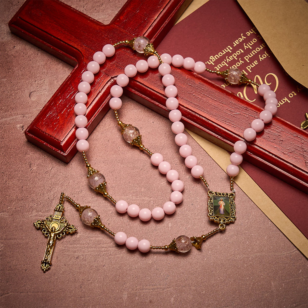 FREE Today: Elegant Pink Beads Faithful Rosary with Divine Mercy for Spiritual Comfort - Divine Mercy & Crucifix - image 0