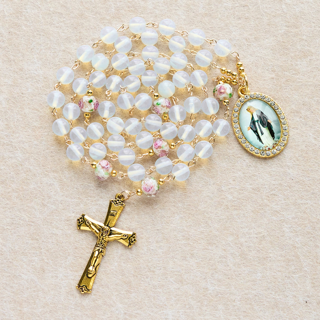 FREE Today: White Opal Bead Rosary with Floral Glass Accents & Sacred Crucifix - Miraculous Medal & Crucifix - image 0